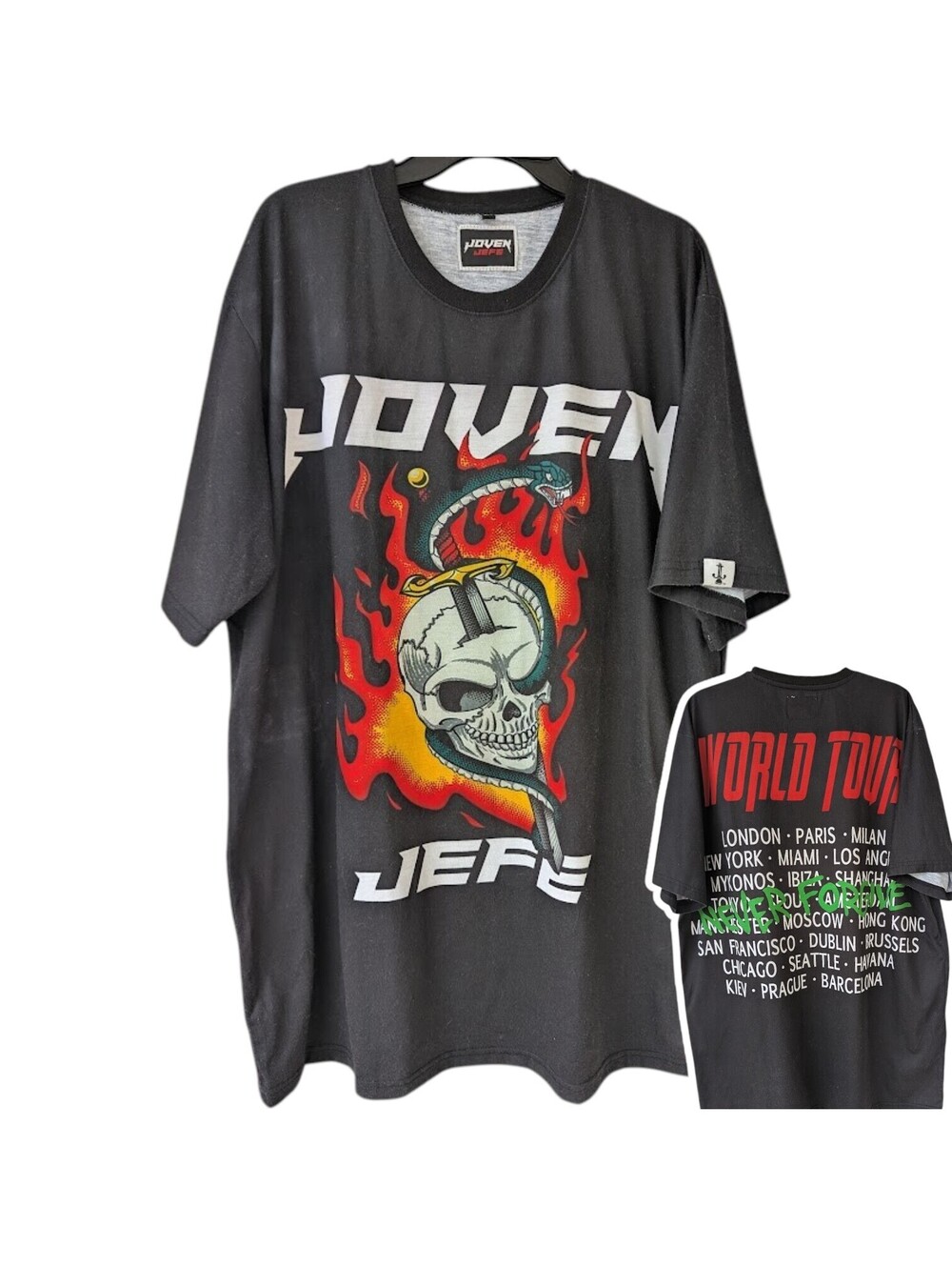 Joven Jefe Mens 3XL World Tour T-Shirt Black Graphic Skull Flames Y2K 26x34.5